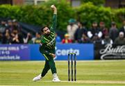 14 May 2024; Mohammad Amir of Pakistan bowling during match three of the Floki Men's T20 International Series between Ireland and Pakistan at Castle Avenue Cricket Ground in Dublin. Photo by Sam Barnes/Sportsfile