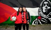 14 May 2024; Palestine's Mira Natour and Robyn Baird of Bohemians during a photocall ahead of the International Solidarity Match between Bohemians women's team and Palestine women's team to be played on Wednesday, May 15, at Dalymount Park in Dublin. Photo by Stephen McCarthy/Sportsfile