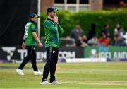 14 May 2024; Andrew Balbirnie of Ireland reacts during match three of the Floki Men's T20 International Series between Ireland and Pakistan at Castle Avenue Cricket Ground in Dublin. Photo by Sam Barnes/Sportsfile