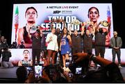 13 May 2024; Katie Taylor, left, and Amanda Serrano during a pre-fight press conference held at the Apollo Theatre in New York, USA, in advance of Jake Paul and Mike Tyson's heavyweight bout and the rematch between Katie Taylor and Amanda Serrano for the undisputed super lightweight championship titles on July 20 at AT&T Stadium in Arlington, Texas. Photo by Ed Mulholland / Sportsfile