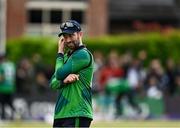 14 May 2024; Andrew Balbirnie of Ireland reacts during match three of the Floki Men's T20 International Series between Ireland and Pakistan at Castle Avenue Cricket Ground in Dublin. Photo by Sam Barnes/Sportsfile