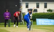 15 May 2024; Josh Manley of Munster Reds bowls to Swapnil Modgil of Leinster Lightning during the Inter-Provincial IP50 Cup match between Leinster Lightning and Munster Reds at Sydney Parade, Sandymount in Dublin. Photo by Matt Browne/Sportsfile