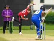 15 May 2024; Josh Manley of Munster Reds bowls to Swapnil Modgil of Leinster Lightning during the Inter-Provincial IP50 Cup match between Leinster Lightning and Munster Reds at Sydney Parade, Sandymount in Dublin. Photo by Matt Browne/Sportsfile