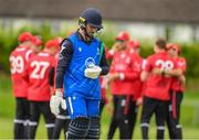 15 May 2024; Sam Harbinson of Leinster Lightning leaves the field after being bowled out by Josh Manley of Munster Reds during the Inter-Provincial IP50 Cup match between Leinster Lightning and Munster Reds at Sydney Parade, Sandymount in Dublin. Photo by Matt Browne/Sportsfile