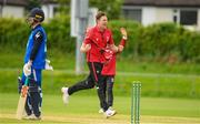 15 May 2024; Josh Manley of Munster Reds celebrates after taking the wicket of Sam Harbinson of Leinster Lightning during the Inter-Provincial IP50 Cup match between Leinster Lightning and Munster Reds at Sydney Parade, Sandymount in Dublin. Photo by Matt Browne/Sportsfile