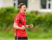 15 May 2024; Josh Manley of Munster Reds celebrates after taking the wicket of Sam Harbinson of Leinster Lightning during the Inter-Provincial IP50 Cup match between Leinster Lightning and Munster Reds at Sydney Parade, Sandymount in Dublin. Photo by Matt Browne/Sportsfile