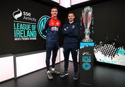 15 May 2024; Shelbourne's Sean Boyd and Waterford's Pádraig Amond at Virgin Media Television in Ballymount, Dublin, as Virgin Media Television is set to broadcast a huge week of live football in Ireland, with the Europa League final and two League of Ireland games. Photo by Stephen McCarthy/Sportsfile