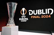 15 May 2024; The Europa League trophy at Virgin Media Television in Ballymount, Dublin, as Virgin Media Television is set to broadcast a huge week of live football in Ireland, with the Europa League final and two League of Ireland games. Photo by Stephen McCarthy/Sportsfile