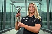 15 May 2024; PwC GPA Player of the Month for April in camogie, Karen Kennedy of Tipperary, with her award at PwC’s offices in Dublin. Photo by Sam Barnes/Sportsfile