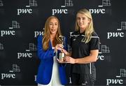 15 May 2024; PwC GPA Player of the Month for April in Camogie, Karen Kennedy of Tipperary, is presented with her award by Global ETF Leader and Partner at PwC Ireland Marie Coady at PwC’s offices in Dublin. Photo by Sam Barnes/Sportsfile