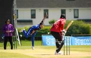 15 May 2024; Fionn Hand of Leinster Lightning bowls to Brandon Kruger of Munster Reds during the Inter-Provincial IP50 Cup match between Leinster Lightning and Munster Reds at Sydney Parade, Sandymount in Dublin. Photo by Matt Browne/Sportsfile