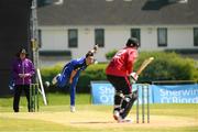 15 May 2024; Fionn Hand of Leinster Lightning bowls to Brandon Kruger of Munster Reds during the Inter-Provincial IP50 Cup match between Leinster Lightning and Munster Reds at Sydney Parade, Sandymount in Dublin. Photo by Matt Browne/Sportsfile