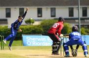 15 May 2024; Gavin Hoey of Leinster Lightning bowls to Oliver Metcalfe of Munster Reds during the Inter-Provincial IP50 Cup match between Leinster Lightning and Munster Reds at Sydney Parade, Sandymount in Dublin. Photo by Matt Browne/Sportsfile