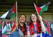 15 May 2024; Palestine supporters Rachel Conway, left, and Laura Kelly from Meath before the international solidarity match between Bohemians and Palestine at Dalymount Park in Dublin. Photo by Shauna Clinton/Sportsfile
