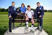 15 May 2024; Stella Maris players, from left, Erin Costigan, Matthew Dunphy, Tom Noble and Lexi Beale, pictured at the announcement of O'Neills Sportswear's partnership with the DDSL as the official kit supplier, at the National Sports Campus in Abbotstown, Dublin. Photo by Seb Daly/Sportsfile