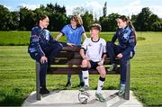 15 May 2024; Stella Maris players, from left, Erin Costigan, Matthew Dunphy, Tom Noble and Lexi Beale, pictured at the announcement of O'Neills Sportswear's partnership with the DDSL as the official kit supplier, at the National Sports Campus in Abbotstown, Dublin. Photo by Seb Daly/Sportsfile