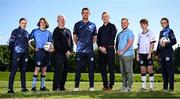 15 May 2024; Pictured are, from left, Stella Maris player Erin Costigan and Matthew Dunphy, DDSL commercial manager Chris Dodd, DDSL director of football Barry Ferguson, O'Neills soccer sales manager Ivan Halpin, O'Neills soccer sales administrator Eoin Burke, and Stella Maris players Tom Noble and Lexi Beale, at the announcement of O'Neills Sportswear's partnership with the DDSL as the official kit supplier, at the National Sports Campus in Abbotstown, Dublin. Photo by Seb Daly/Sportsfile