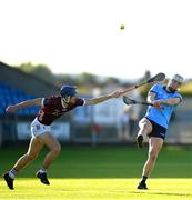 15 May 2024; David Purcell of Dublin in action against Conor Lawless of Galway during the oneills.com Leinster GAA Hurling U20 Championship semi-final match between Dublin and Galway at Laois Hire O'Moore Park in Portlaoise, Laois. Photo by David Fitzgerald/Sportsfile