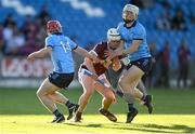 15 May 2024; Rory Burke of Galway in action against David Purcell, right, and Neil Hogan of Dublin during the oneills.com Leinster GAA Hurling U20 Championship semi-final match between Dublin and Galway at Laois Hire O'Moore Park in Portlaoise, Laois. Photo by David Fitzgerald/Sportsfile