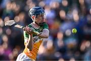 15 May 2024; Shane Rigney of Offaly shoots to score his side's second goal during the oneills.com Leinster GAA Hurling U20 Championship semi-final match between Offaly and Kilkenny at Glenisk O'Connor Park in Tullamore, Offaly. Photo by Piaras Ó Mídheach/Sportsfile