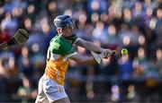 15 May 2024; Shane Rigney of Offaly shoots to score his side's second goal during the oneills.com Leinster GAA Hurling U20 Championship semi-final match between Offaly and Kilkenny at Glenisk O'Connor Park in Tullamore, Offaly. Photo by Piaras Ó Mídheach/Sportsfile