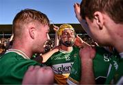 15 May 2024; Offaly hurler Conor Doyle, centre, celebrates after his side's victory in the oneills.com Leinster GAA Hurling U20 Championship semi-final match between Offaly and Kilkenny at Glenisk O'Connor Park in Tullamore, Offaly. Photo by Piaras Ó Mídheach/Sportsfile