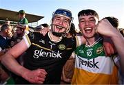 15 May 2024; Offaly hurlers Liam Hoare, left, and Shane Rigney celebrate after their side's victory in the oneills.com Leinster GAA Hurling U20 Championship semi-final match between Offaly and Kilkenny at Glenisk O'Connor Park in Tullamore, Offaly. Photo by Piaras Ó Mídheach/Sportsfile