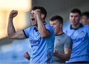 15 May 2024; Callum Walsh of Dublin celebrates his side's fourth goal during the oneills.com Leinster GAA Hurling U20 Championship semi-final match between Dublin and Galway at Laois Hire O'Moore Park in Portlaoise, Laois. Photo by David Fitzgerald/Sportsfile