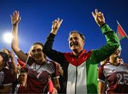 15 May 2024; Palestine manager Nasser Dahbour and Jennifer Shattara after the international solidarity match between Bohemians and Palestine at Dalymount Park in Dublin. Photo by Stephen McCarthy/Sportsfile