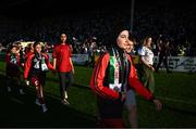 15 May 2024; Dina Abdeen of Palestine walks out for the international solidarity match between Bohemians and Palestine at Dalymount Park in Dublin. Photo by Stephen McCarthy/Sportsfile
