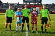 15 May 2024; Bohemians captain Rachael Kelly and Palestine captain Mira Natour with match officials, from left, assistant referee Darragh Keegan, referee Daniel Murphy and assistant referee Darragh White before the international solidarity match between Bohemians and Palestine at Dalymount Park in Dublin. Photo by Stephen McCarthy/Sportsfile