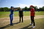 16 May 2024; Leinster Lightning captain Sam Harbinson tosses the coin watched by Munster Reds captain Joshua Manley and match referee Graham McCrea before the Inter-Provincial IP20 Trophy match between Leinster Lightning and Munster Reds at Sydney Parade, Sandymount in Dublin. Photo by Harry Murphy/Sportsfile