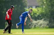 16 May 2024; Gavin Hoey of Leinster Lightning bowls during the Inter-Provincial IP20 Trophy match between Leinster Lightning and Munster Reds at Sydney Parade, Sandymount in Dublin. Photo by Harry Murphy/Sportsfile