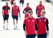 16 May 2024; Cian Kavanagh and Matt Boylan, right, arrive for a St Patrick's Athletic training session at Sport Ireland Campus in Abbotstown, Dublin. Photo by Stephen McCarthy/Sportsfile