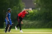 16 May 2024; Zubair Hassan Khan of Munster Reds bowls during the Inter-Provincial IP20 Trophy match between Leinster Lightning and Munster Reds at Sydney Parade, Sandymount in Dublin. Photo by Harry Murphy/Sportsfile