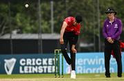 16 May 2024; Zubair Hassan Khan of Munster Reds bowls during the Inter-Provincial IP20 Trophy match between Leinster Lightning and Munster Reds at Sydney Parade, Sandymount in Dublin. Photo by Harry Murphy/Sportsfile