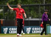16 May 2024; Joshua Manley of Munster Reds celebrates a wicket during the Inter-Provincial IP20 Trophy match between Leinster Lightning and Munster Reds at Sydney Parade, Sandymount in Dublin. Photo by Harry Murphy/Sportsfile