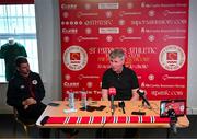 16 May 2024; Stephen Kenny with Jamie Moore, head of media and online content, during a press conference after being unveiled as the new St Patrick's Athletic manager at Richmond Park in Dublin. Photo by Stephen McCarthy/Sportsfile