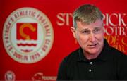 16 May 2024; Stephen Kenny during a press conference after being unveiled as the new St Patrick's Athletic manager at Richmond Park in Dublin. Photo by Stephen McCarthy/Sportsfile