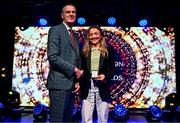 16 May 2024; Aimee Barry of UCD Equestrian is presented the David O'Connor Memorial Medal by Professor Michael Doherty during the UCD Athletic Union Council Sports Awards 2024 at Astra Hall in UCD, Dublin. Photo by Harry Murphy/Sportsfile