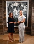 17 May 2024; Armagh’s Lauren McConville is presented with The Croke Park Hotel/LGFA Player of the Month award for April 2024 by Edele O’Reilly, Director of Sales and Marketing, The Croke Park Hotel, at The Croke Park Hotel in Jones Road, Dublin. Lauren starred at centre half back for Armagh as they captured the Lidl National League Division 1 title for the very first time this year, and she was Player of the Match in the final victory over Kerry at Croke Park on April 7. Photo by Harry Murphy/Sportsfile