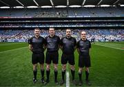 12 May 2024; Referee Noel Mooney and his match officials before the Leinster GAA Football Senior Championship final match between Dublin and Louth at Croke Park in Dublin. Photo by Harry Murphy/Sportsfile