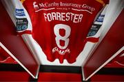 17 May 2024; The jersey of Chris Forrester hangs in the St Patrick's Athletic dressing room before the SSE Airtricity Men's Premier Division match between St Patrick's Athletic and Derry City at Richmond Park in Dublin. Photo by Stephen McCarthy/Sportsfile