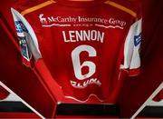 17 May 2024; The jersey of Jamie Lennon hangs in the St Patrick's Athletic dressing room before the SSE Airtricity Men's Premier Division match between St Patrick's Athletic and Derry City at Richmond Park in Dublin. Photo by Stephen McCarthy/Sportsfile