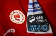 17 May 2024; A detailed view of the St Patrick's Athletic crest on their jersey before the SSE Airtricity Men's Premier Division match between St Patrick's Athletic and Derry City at Richmond Park in Dublin. Photo by Stephen McCarthy/Sportsfile