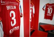 17 May 2024; The jersey of Anto Breslin hangs in the St Patrick's Athletic dressing room before the SSE Airtricity Men's Premier Division match between St Patrick's Athletic and Derry City at Richmond Park in Dublin. Photo by Stephen McCarthy/Sportsfile