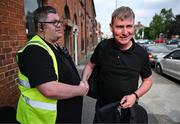 17 May 2024; St Patrick's Athletic manager Stephen Kenny is welcomed by Kevin McGarry before the SSE Airtricity Men's Premier Division match between St Patrick's Athletic and Derry City at Richmond Park in Dublin. Photo by Stephen McCarthy/Sportsfile
