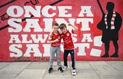17 May 2024; St Patrick's Athletic supporters Jackson Quirke, left, and Cameron Roche before the SSE Airtricity Men's Premier Division match between St Patrick's Athletic and Derry City at Richmond Park in Dublin. Photo by Stephen McCarthy/Sportsfile