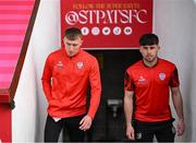 17 May 2024; Sam Todd, left, and Adam O'Reilly of Derry City before the SSE Airtricity Men's Premier Division match between St Patrick's Athletic and Derry City at Richmond Park in Dublin. Photo by Stephen McCarthy/Sportsfile