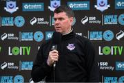 17 May 2024; Drogheda United manager Kevin Doherty is interviewed by LOI TV before the SSE Airtricity Men's Premier Division match between Drogheda United and Galway United at Weavers Park in Drogheda, Louth.  Photo by Shauna Clinton/Sportsfile